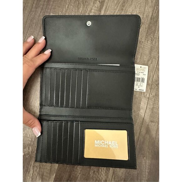 NWT Michael Kors Logo Monogram Leather Jet Set Travel Trifold Wallet Black Large - Picture 6 of 6